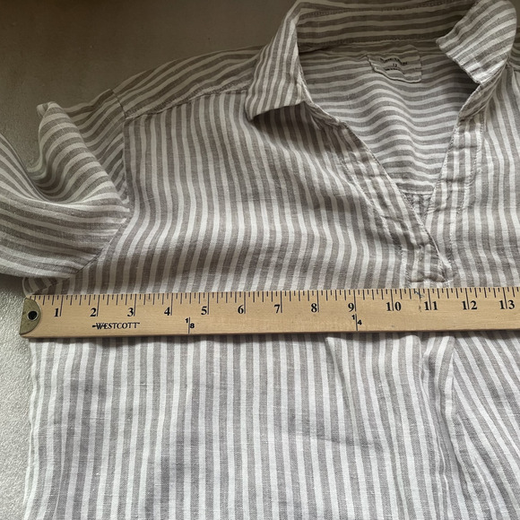 Pure Linen Shirt Women US 8 Brown White Striped Top Long Sleeve Lagenlook Blouse - Picture 5 of 14
